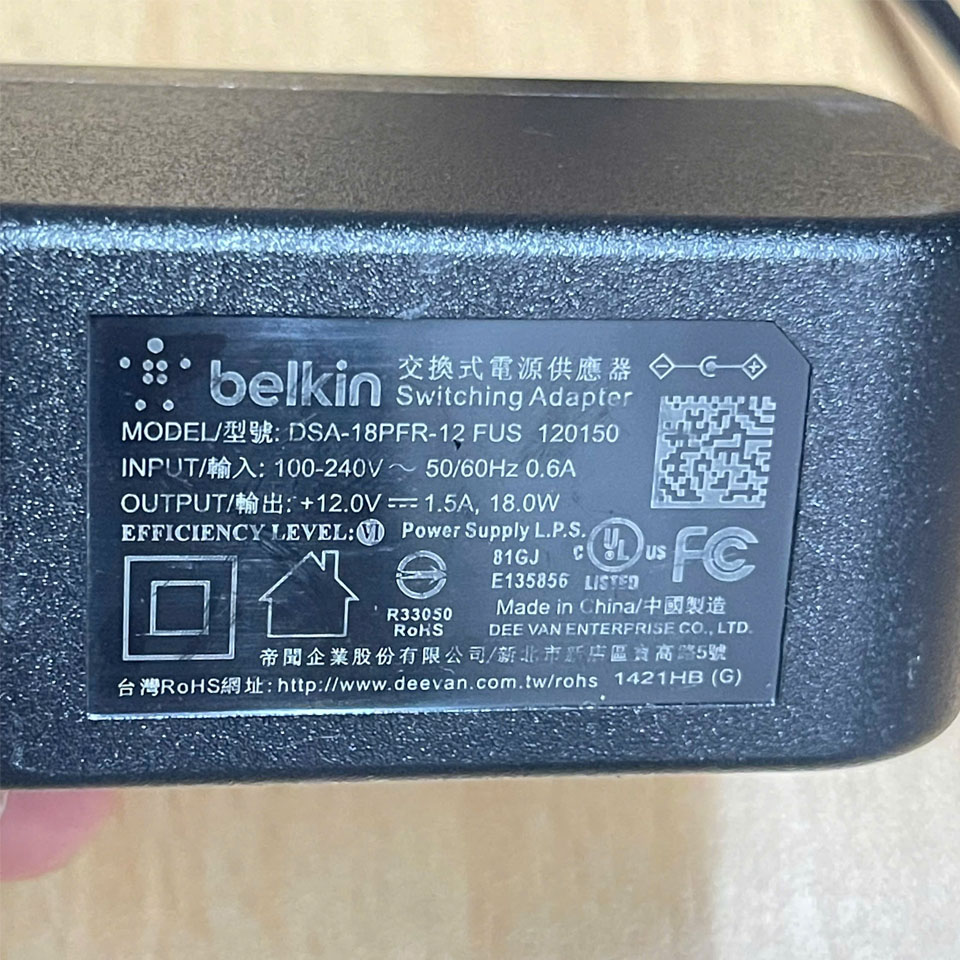 Adapter 12V 1.5A Belkin DSA-18PFR-12 FUS 120150 EU Barrel Jack Connector Tip Size 5.5mm x 2.5mm
