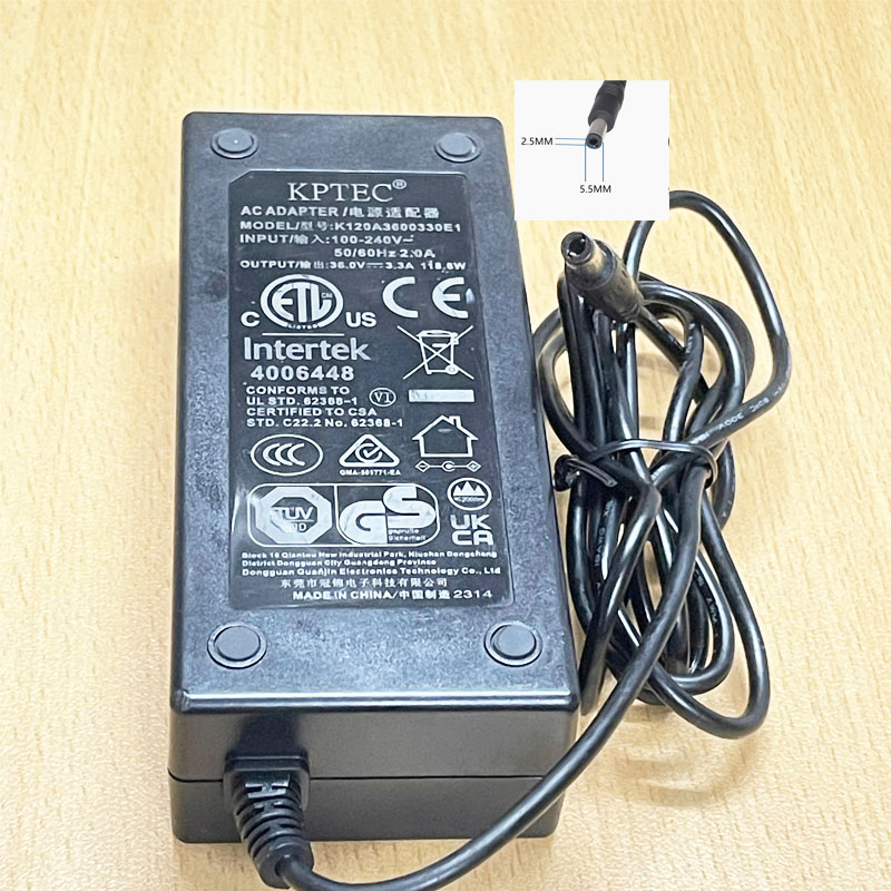Adapter 36V 3.3A 118.8W KPTEC K120A3600330E1 Connector Tip Size 5.5mm x 2.5mm For Máy Chiếu Thông Minh Beecube Xtreme 2, Máy Lọc Nước, Led Lights, LCD Monitors.