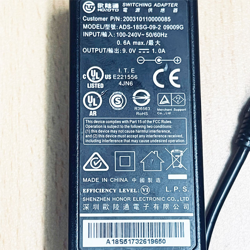 Adapter Original HOIOTO ADS-18SG-09-2 09009G 9V 1A Connector Size 5.5mm x 2.5mm  For POS PAX S58/S60-T/S80/S500/S800/S900
