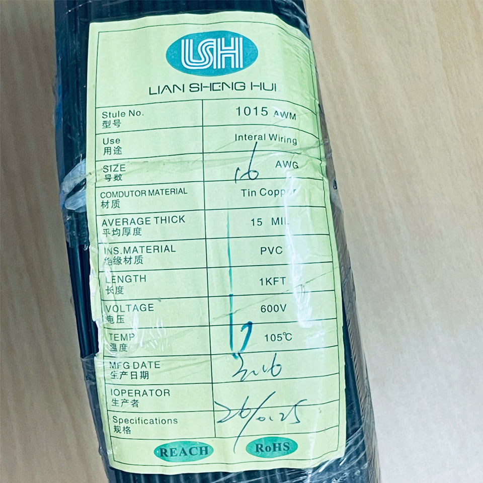 Dây Cáp Điện Lian Sheng Hui 1 Lõi Nhiều Sợi 1025AWM 16AWG 3x1.31mm² PVC Polyvinyl Chloride Black Length 305M
