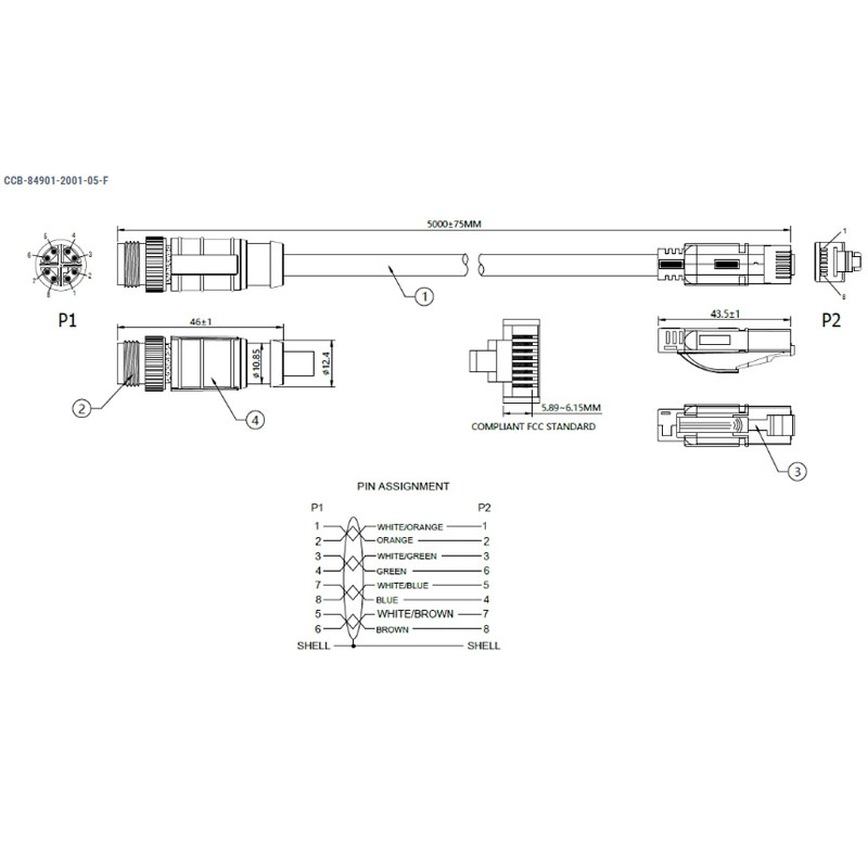 Cáp Cognex CCB-84901-2001-05 Dài 5M Ethernet Cable Ethernet RJ45 Connector M12 X-CODED For In-Sight Vision Sensors