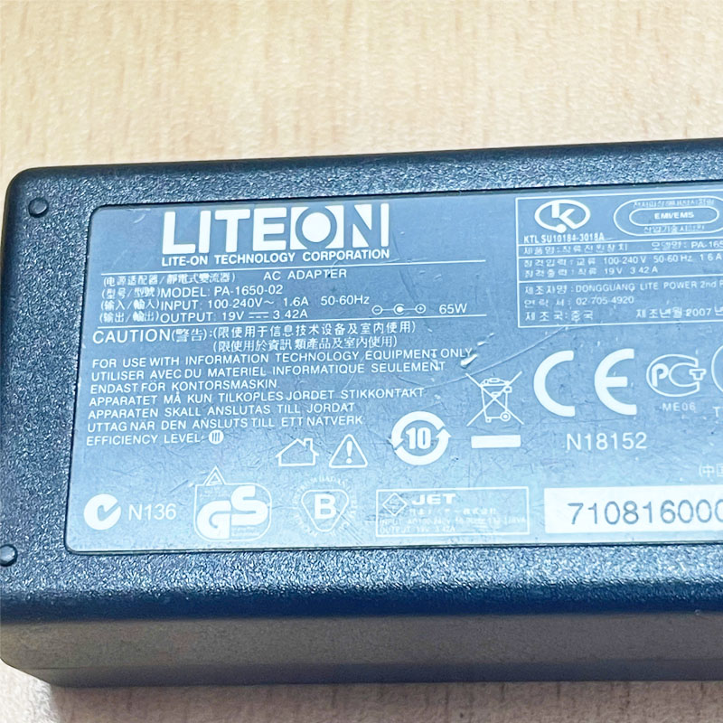 Chuyển Nguồn Adapter Original 19V 3.42A 65W LITEON PA-1650-02 Connector Tip Size 5.5mm x 1.7mm 90 Degree