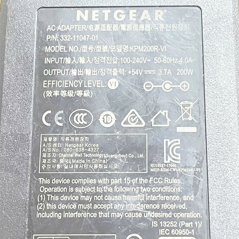 Adapter 54V 3.7A 200W KPM200R-VI Connector Tip Size 6.3mm x 3.0mm For Netgear GS116LP/PP PoE Gigabit Ethernet Switch