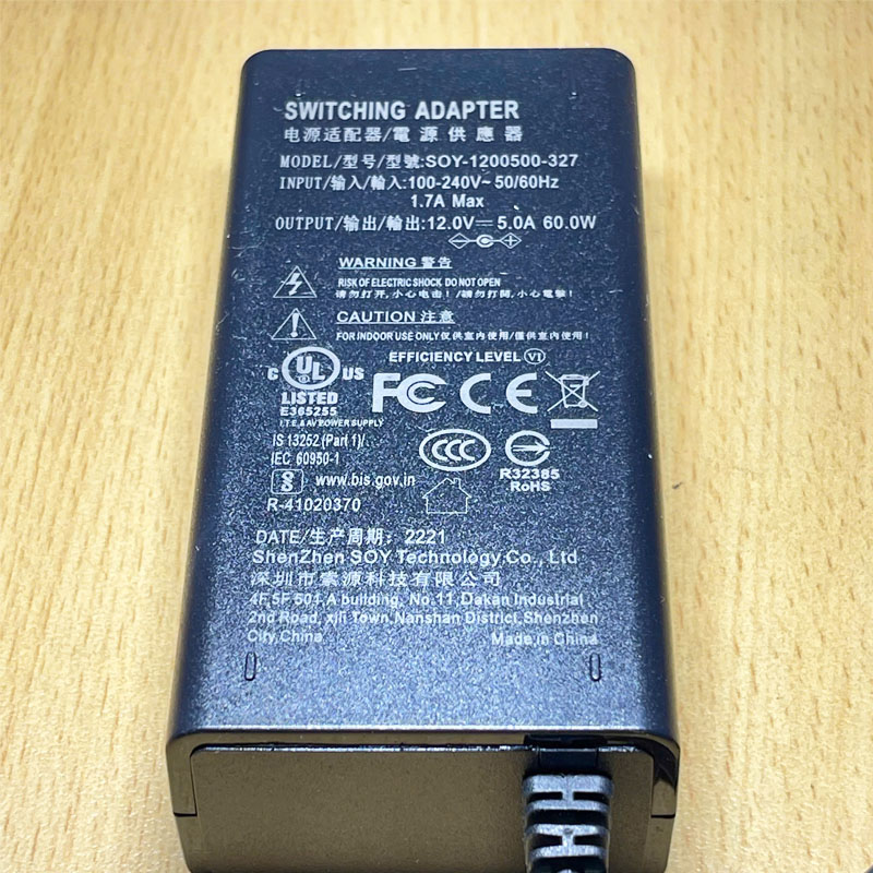 Chuyển nguồn Adapter 12V 5A 60W SOY-1200500-327 Chân cắm DC Size 5.5mm x 2.5mm