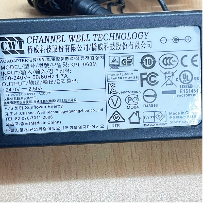 Adapter 24V 2.5A 60W Original CWT Channel Well KPL-060M Connector Size 5.5mm x 2.5mm