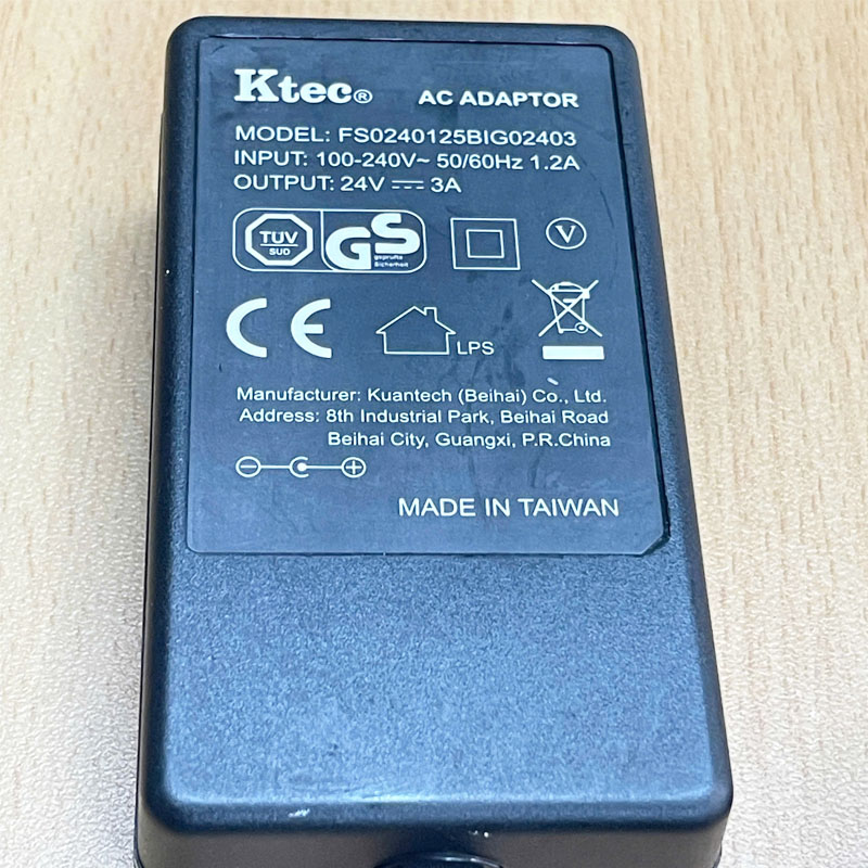 Adapter 24V 3A Ktec FS0240125BIG02403 Connector Tip Size 5.5mm x 2.5mm