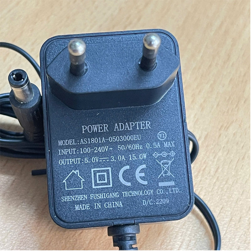Adapter 5V 3A 15W AS1801A-0503000EU Chân Cắm Nguồn Điện 2 Chân Tròn Connector Size DC 5.5mm x 2.5mm