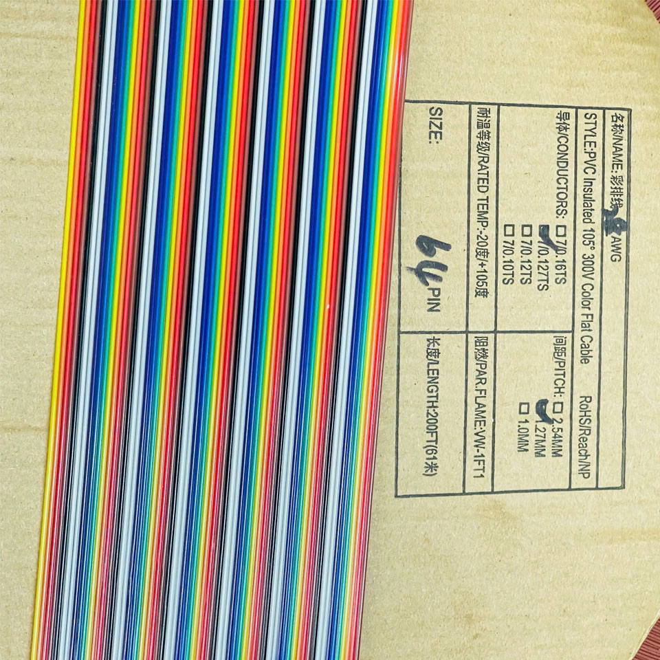 Cáp Dẹt Nhiều Màu 64 Pin Flat Ribbon Rainbow Cable 1.27mm Pitch 64 Way Unscreened 81.3mm Width 28AWG 300V Length 1M