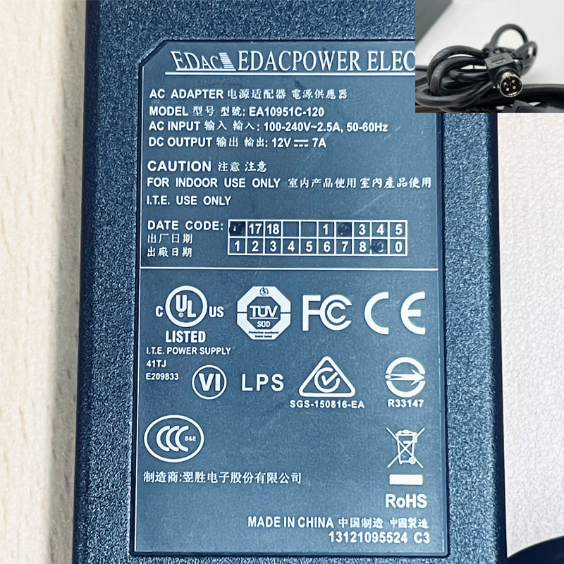 Chuyển Nguồn Adapter 12V 7A EDAC EA10951C-120 IEC C14 Connector Size 4 Pin Mini Din 10mm