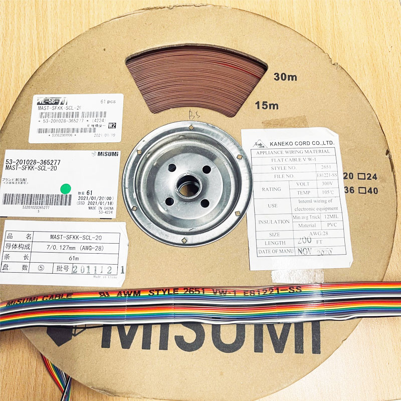 Cáp Bẹ Nhiều Màu MISUMI MAS-SFKK-SCL-20 IDC 20 Pin Dài 1M Rainbow Color Flat Ribbon Cable AWM STYLE 2651 E81221-SS 20 Wire 7/0. 127mm (AWG-28) 105°C 300V