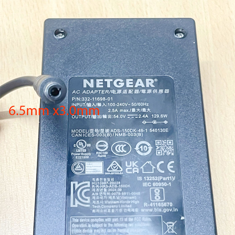 Adapter Genuine 54V 2.4A 130W NETGEAR ADS-150DK-48-1 540130E DC Size 6.5mm x 3.0mm For Switch NETGEAR