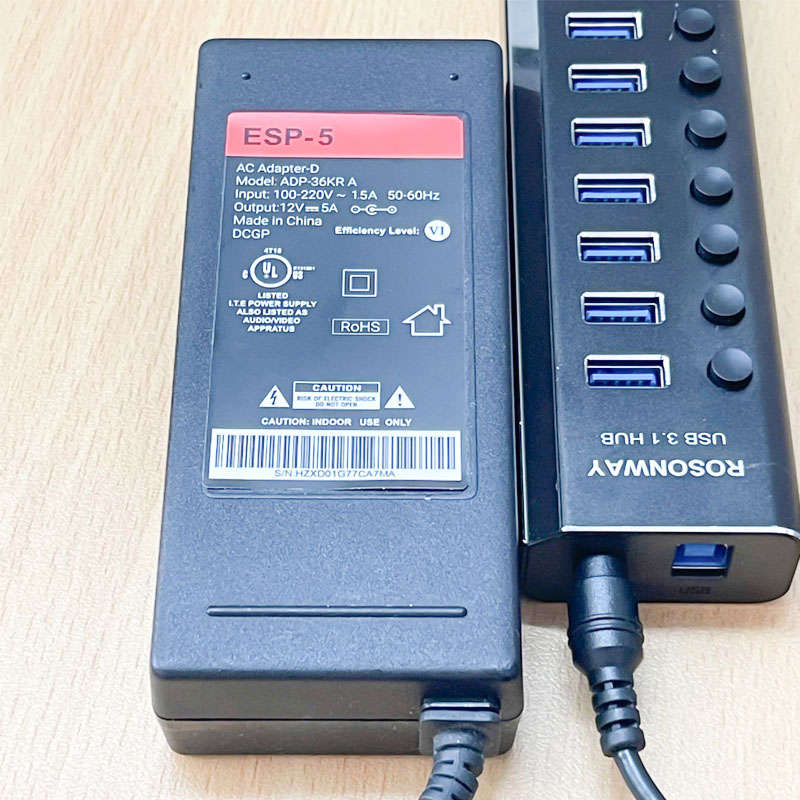 Adapter 12V 5A ADP-36KR A Connector Size 5.5mm x 2.1mm For USB Hub Rosonway Aluminum 13 Port USB 3.1/3.2 Gen 2 Hub 10Gbps
