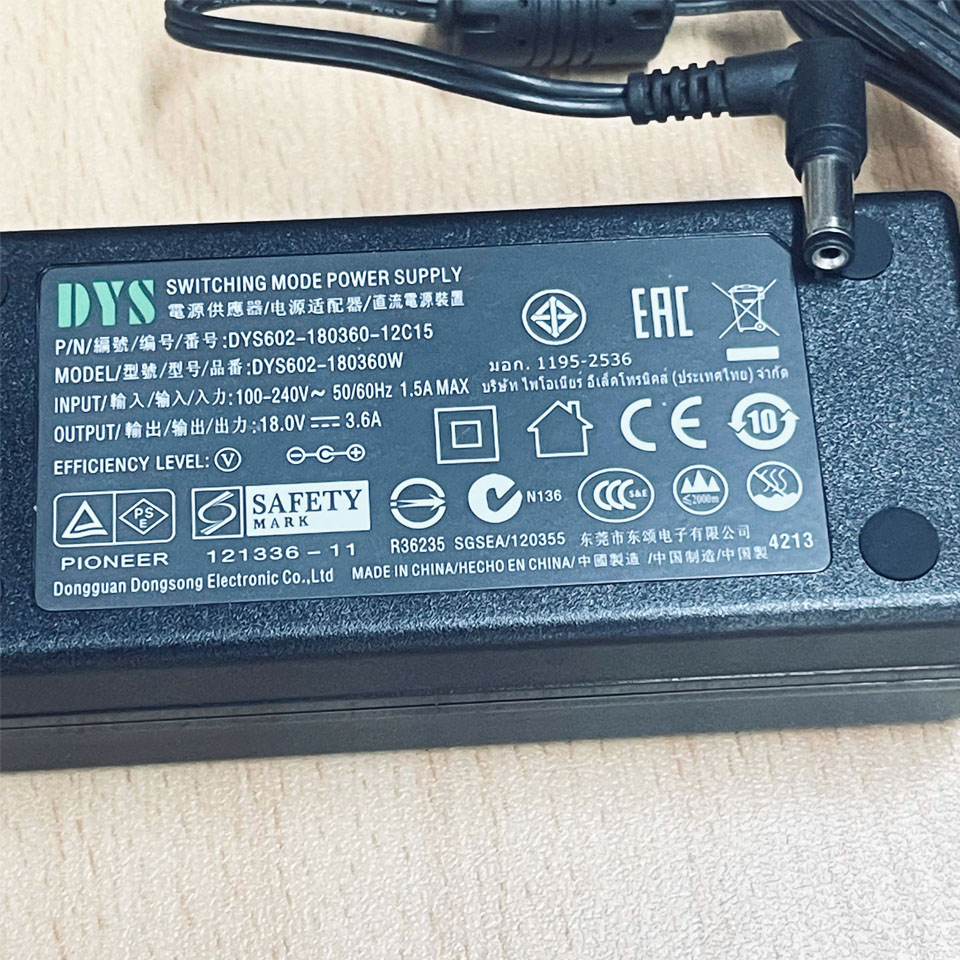 Adapter 18V 3.6A DYS602-180360-12C15 Jack DC Connector Tip Size 5.5mm x 2.1mm