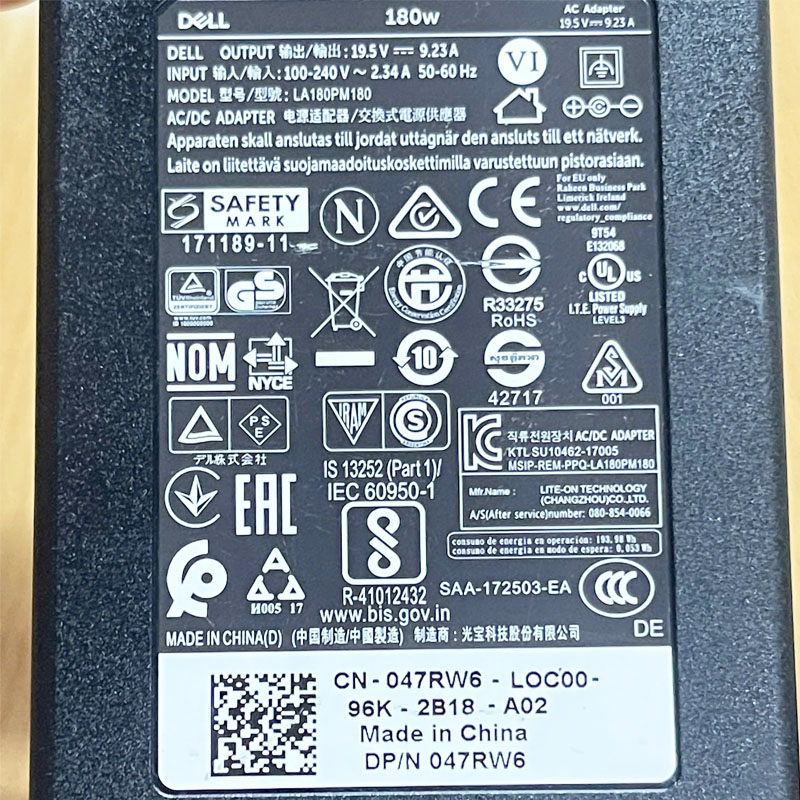 Adapter 19.5V 9.23A Dell LA180PM180 Connector Size 7.4mm x 5.0mm For Laptop Dell Gaming P89F002