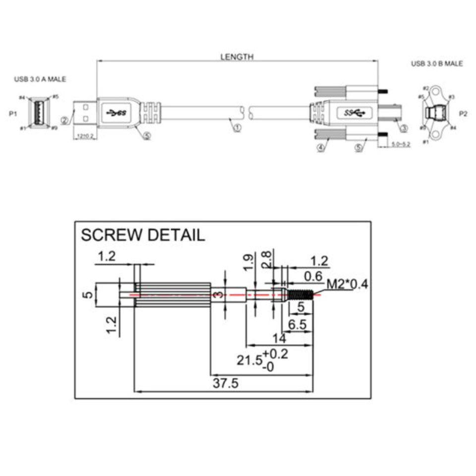 Cáp Original Industrial Camera USB 3.0 Type A to Type B Cable Locking Screw Dài 3M