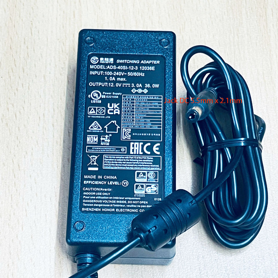 Adapter 12V 3A 36W HOIOTO ADS-40SI-12-3 12036E Jack Cắm DC Connector Tip Size 5.5mm x 2.1mm