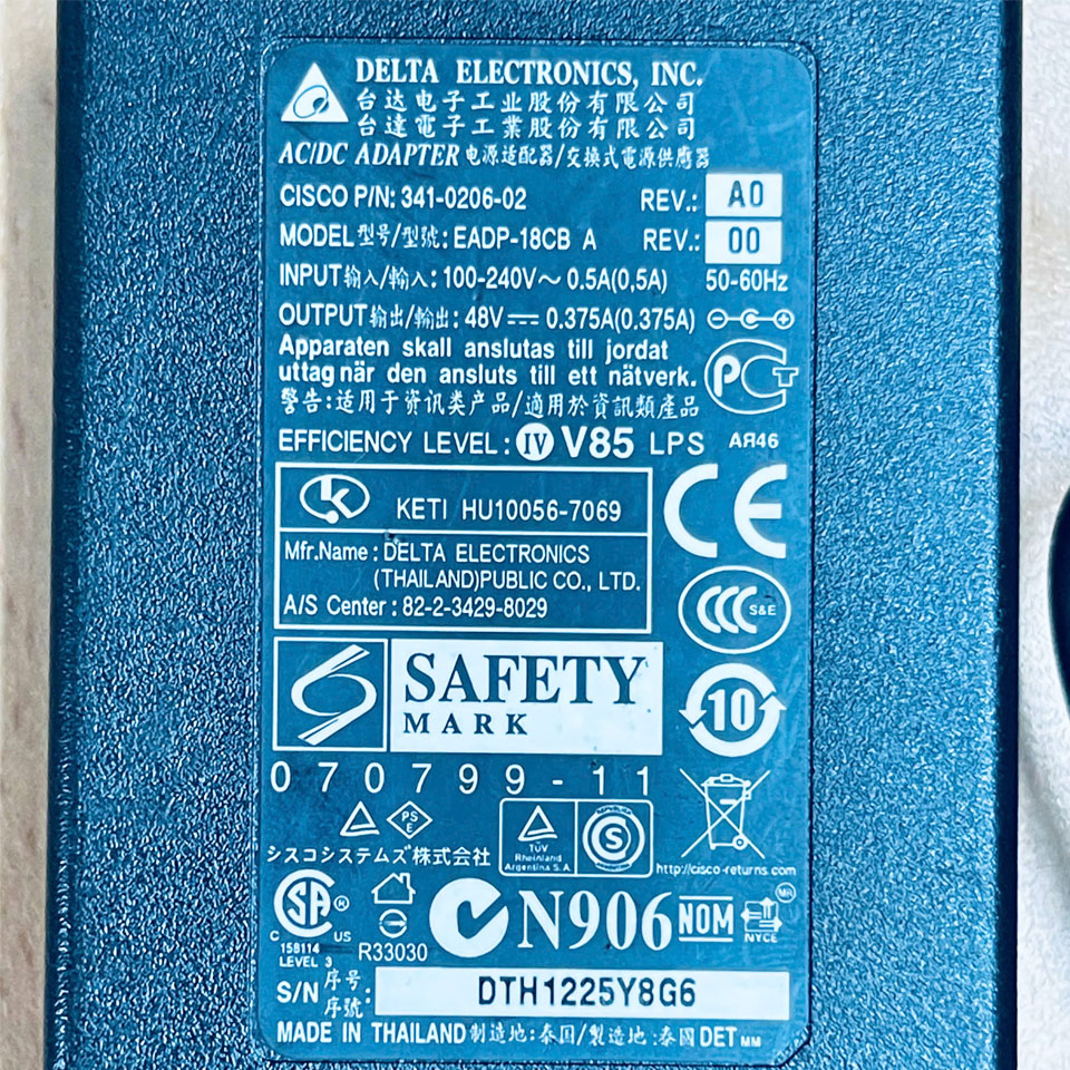 Bộ Chuyển Đổi Nguồn Adapter 48V 0.375A EADP-18CB A DELTA ELECTRONICS IEC C14 Jack DC Connector Size 5.5mm * 2.5mm
