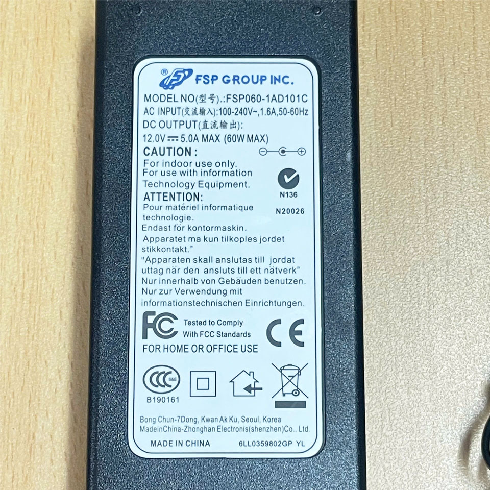 Adapter 12V 5A 60W FSP GROUP INC FSP060-1AD101C Thay Thế APD DA-60N12-B 12V 5A 60W Connector Tip Size 5.5mm x 2.5mm For Networks Juniper