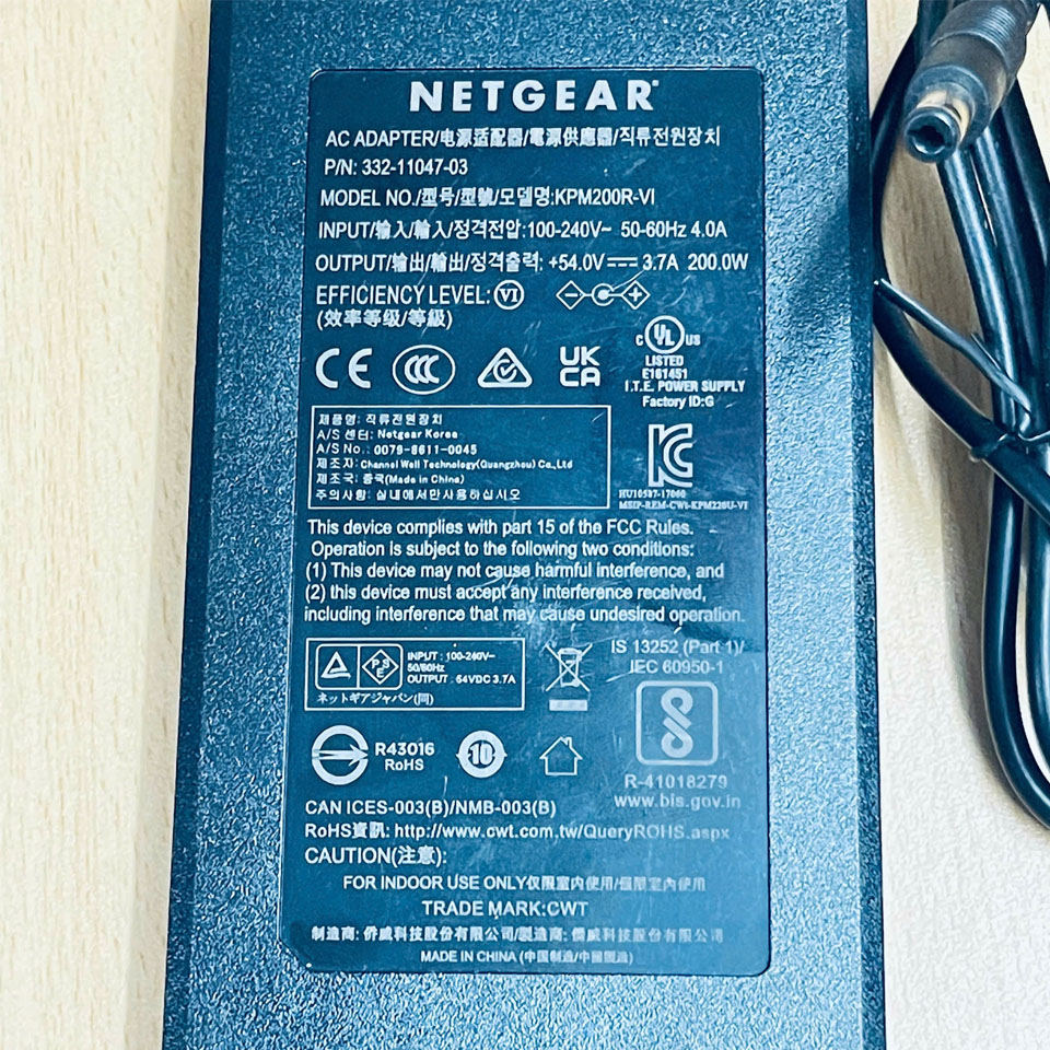 Bộ Nguồn Adapter 54V 3.7A NETGEAR KPM200R-VI Connector Tip Size 6.5mm x 3.0mm For Netgear GS116LP/PP PoE Gigabit Ethernet Switch