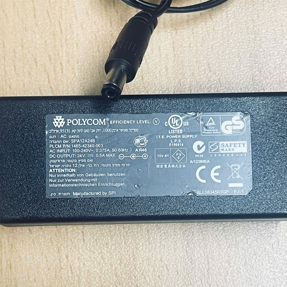 Adapter Polycom 24V 0.5A SPA12A24B Connector Barrel Tip 5.5mm x 2.1mm For Polycom VoIP Conference Phones and IP Desktop Phones SoundPoint CX500 CX600