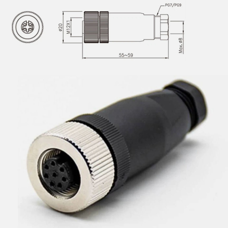 Đầu Nối M12 A-Code 8 Pin Female Field Termination Connector For Sensor Camera Industrial