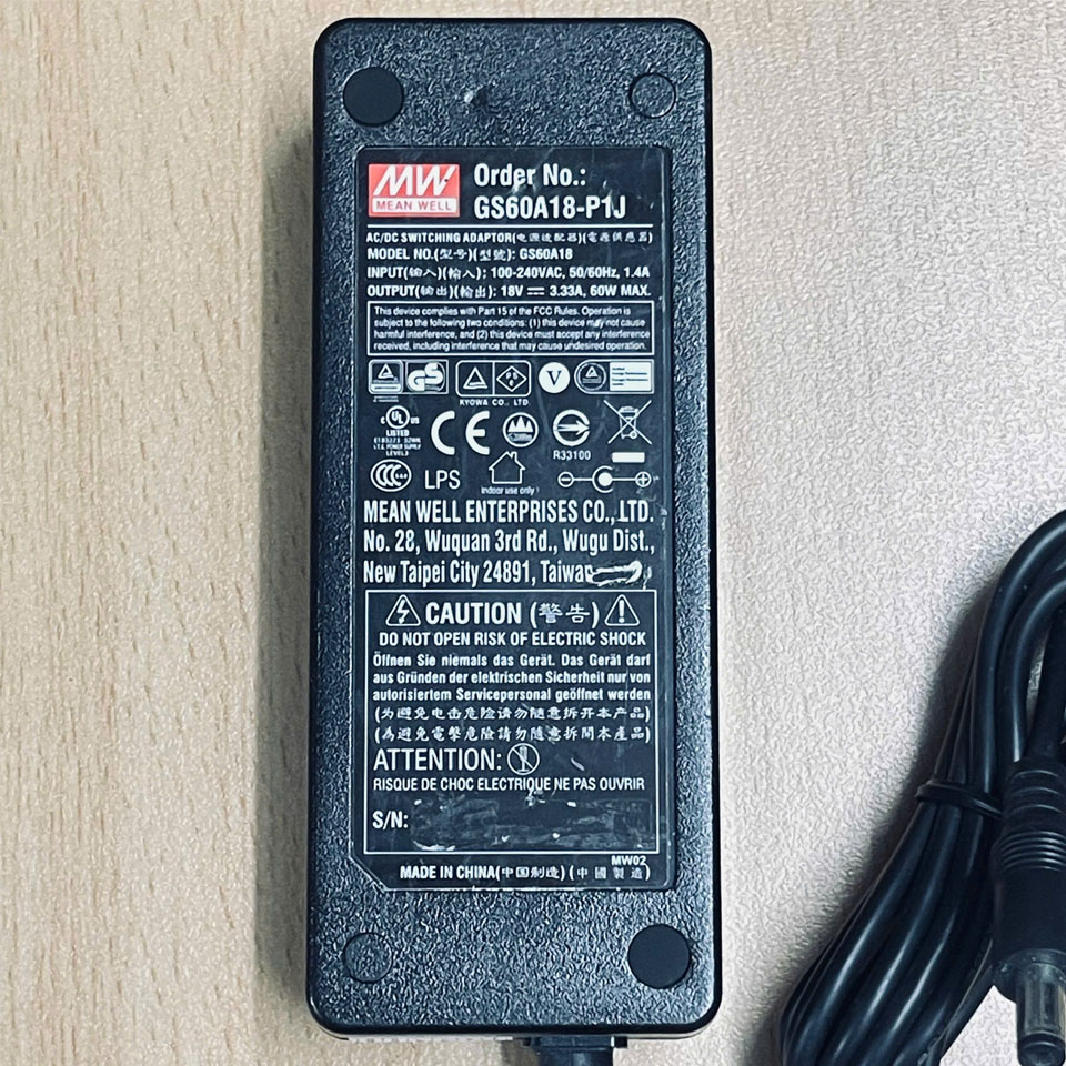 Adapter Original GS60A18-P1J 18V 3.33A MEAN WELL DC Output Connector 5.5mm x 2.1mm  Barrel Plug Hàng Tháo Thiết Bị