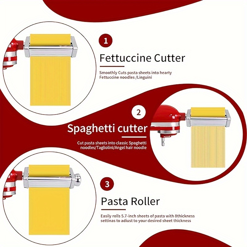 Phụ kiện máy làm mì ống cho máy trộn đứng KitchenAid Phụ kiện thép không gỉ Máy cán mì ống, Máy cắt mì spaghetti và Máy cắt mì fettuccine phù hợp với tất cả máy trộn đứng KitchenAid gia dụng