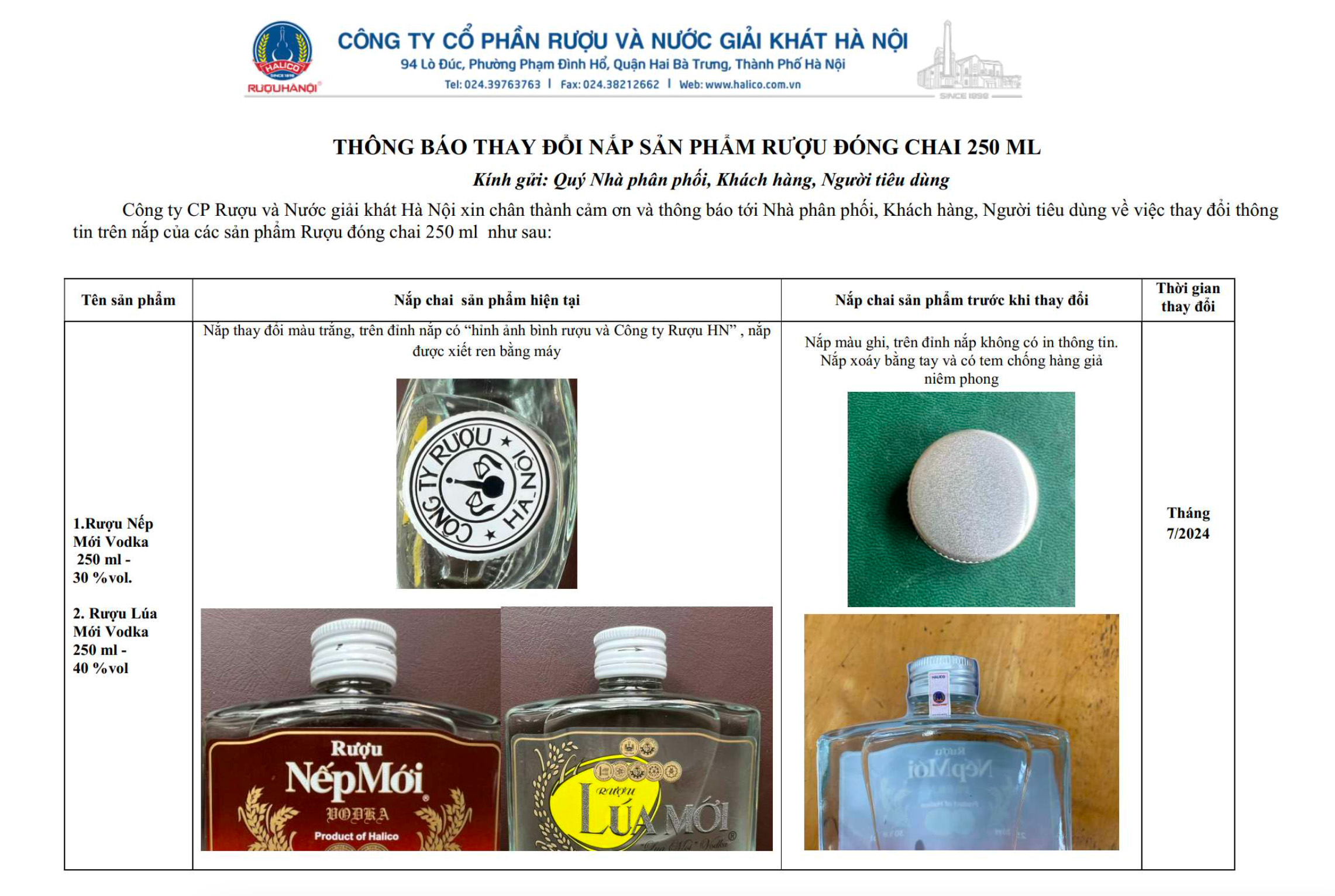THÔNG BÁO THAY ĐỔI NẮP SẢN PHẨM RƯỢU ĐÓNG CHAI 250ML