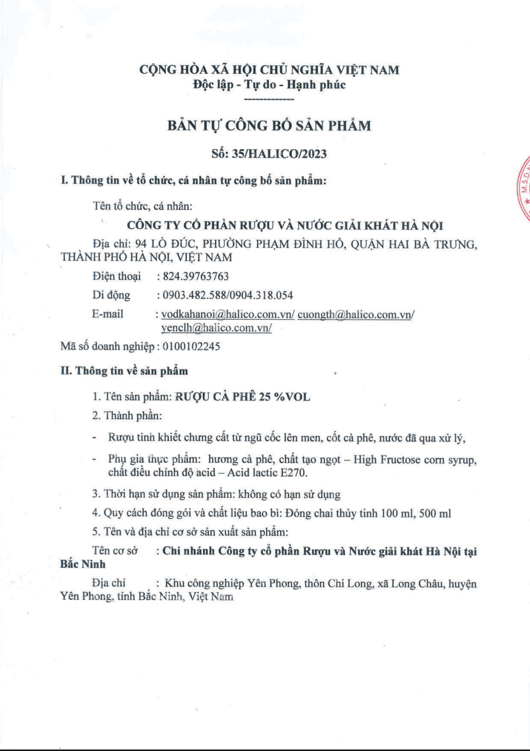 Rượu Cà Phê HALICO nồng độ 25% chai thuỷ tinh 250ml không kèm hộp