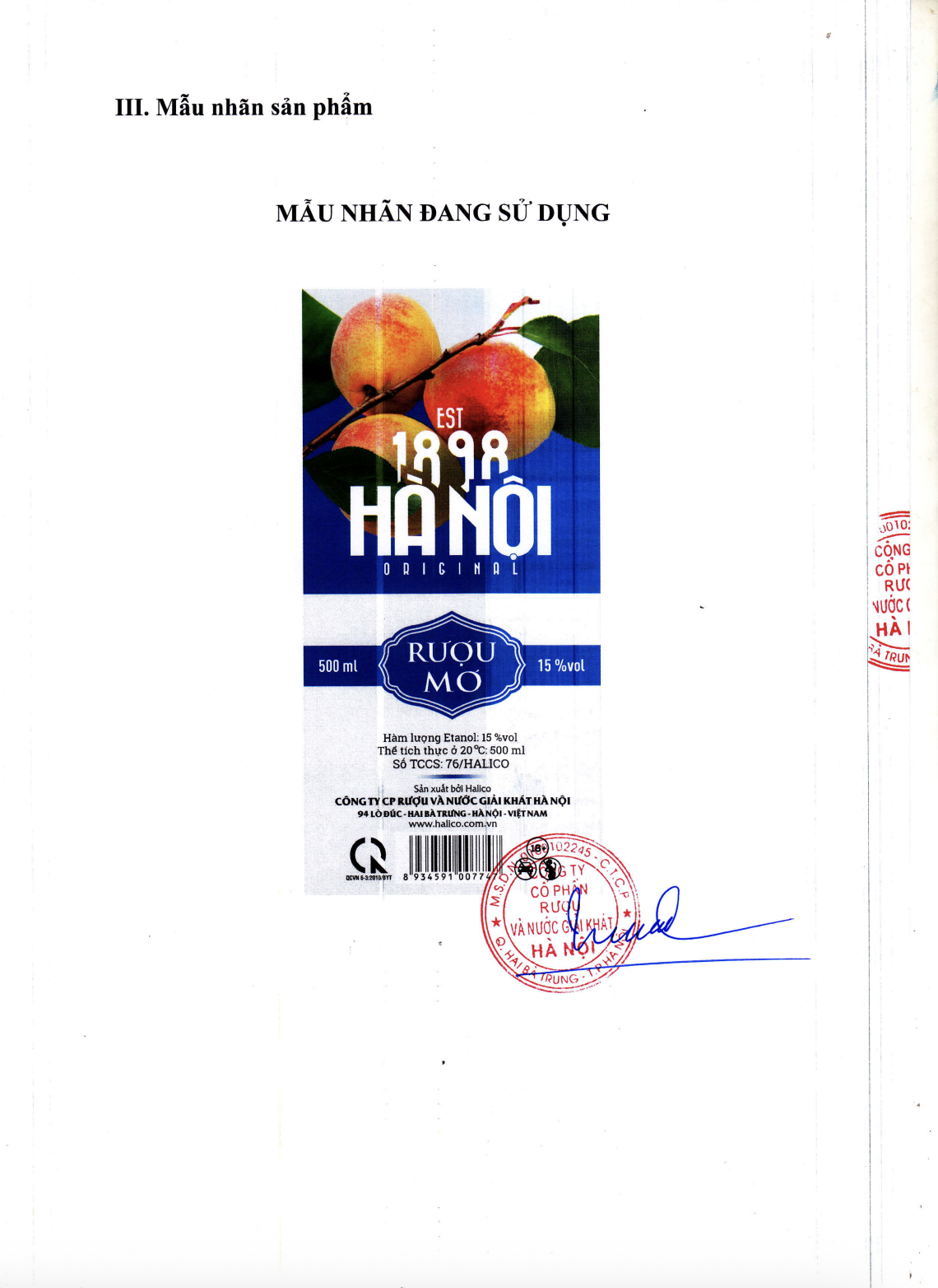 Rượu mơ Hà Nội 1898 HALICO nồng độ 15% chai 500ml không kèm hộp