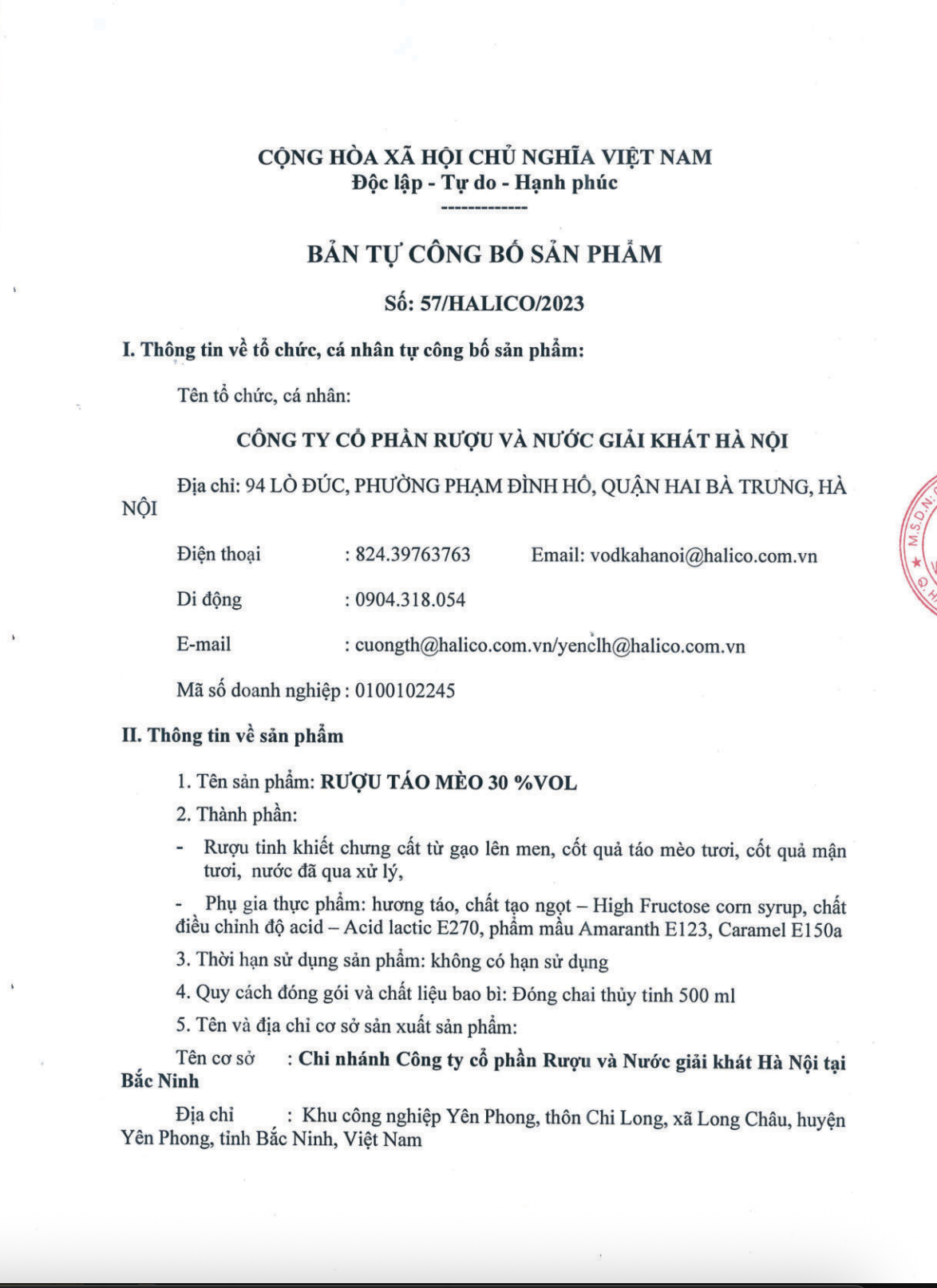 Rượu Táo Mèo Liquor HALICO nồng độ 30%v chai 500ml không kèm hộp