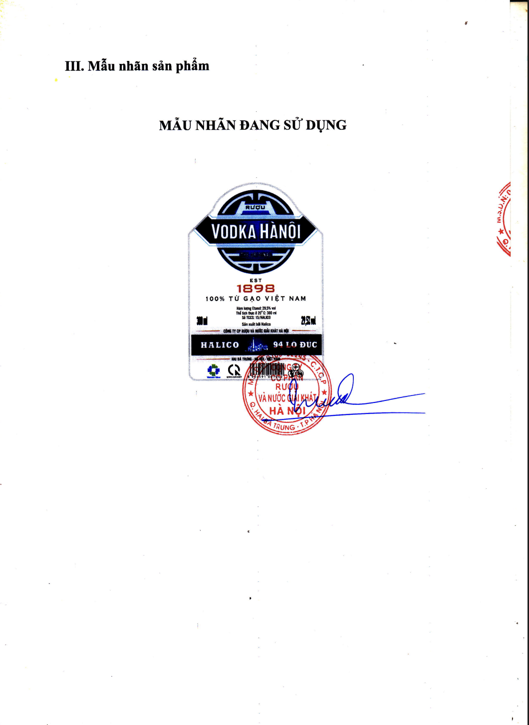 Rượu Vodka Hà Nội nhãn xanh HALICO nồng độ 29,5% chai 300ml không kèm hộp