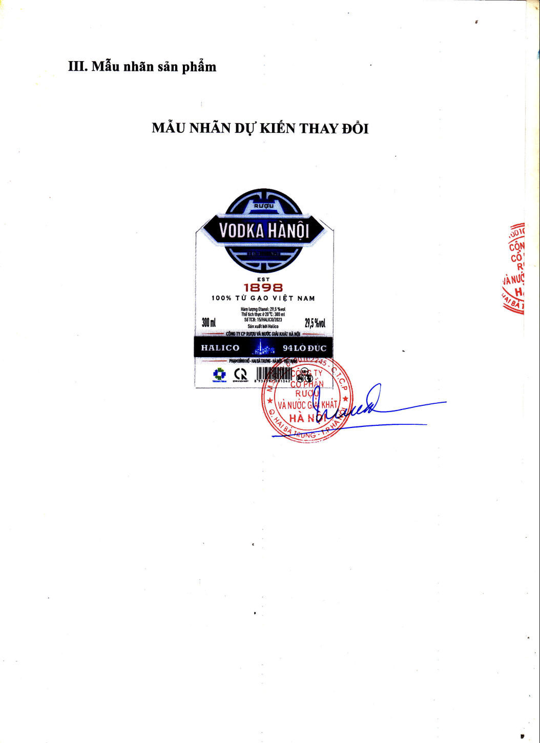 Rượu Vodka Hà Nội nhãn xanh HALICO nồng độ 29,5% chai 300ml không kèm hộp