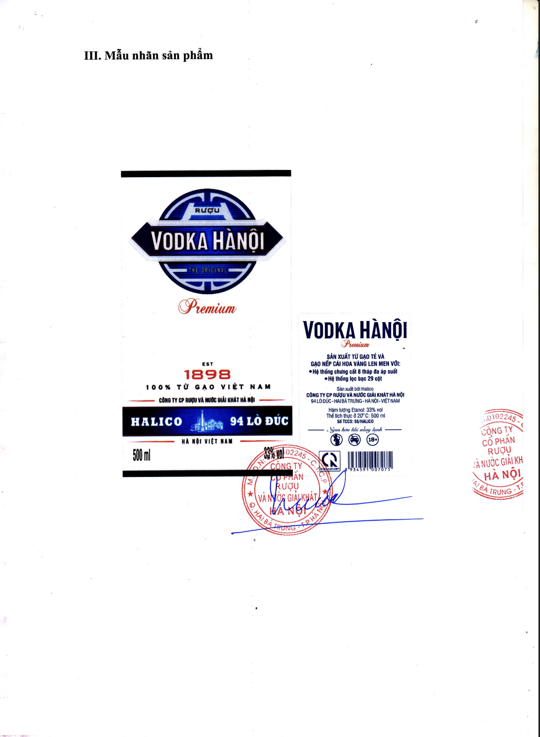 Rượu Vodka Hà Nội Premium HALICO nồng độ 33% chai 500ml không kèm hộp