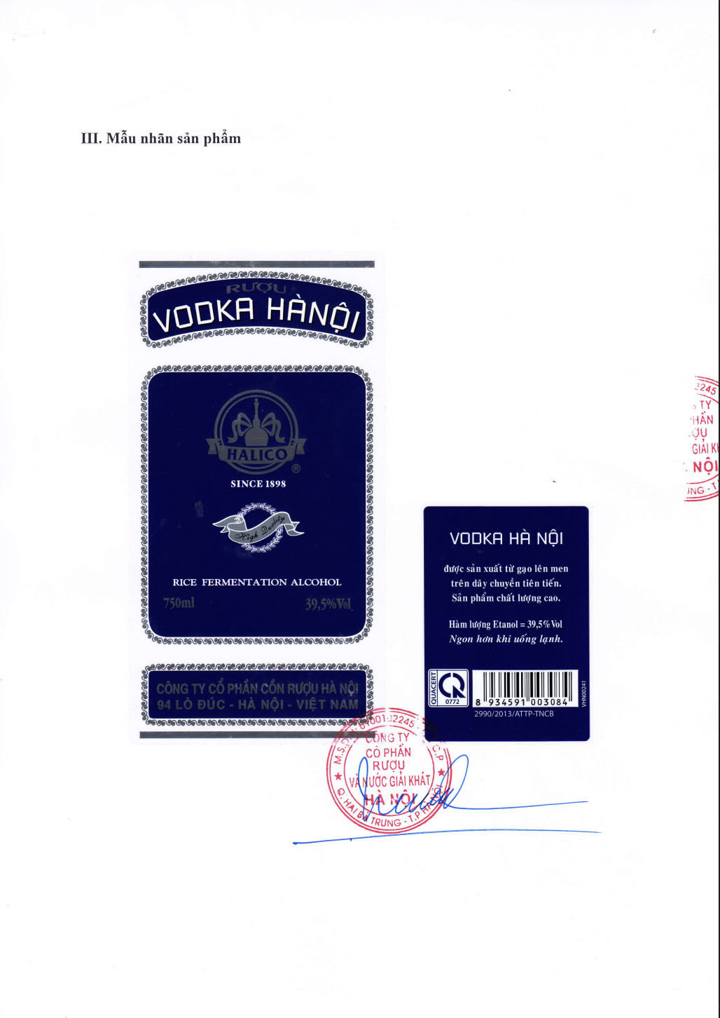Rươu Vodka Hà Nội nhãn xanh HALICO nồng độ 39,5% chai 700ml không kèm hộp