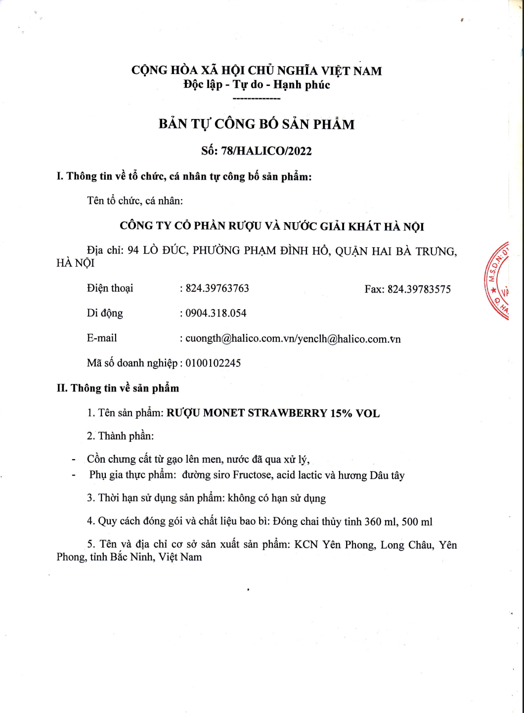 Rượu Soju Monet Strawberry vị dâu HALICO nồng độ 14,5% chai 360ml không kèm hộp