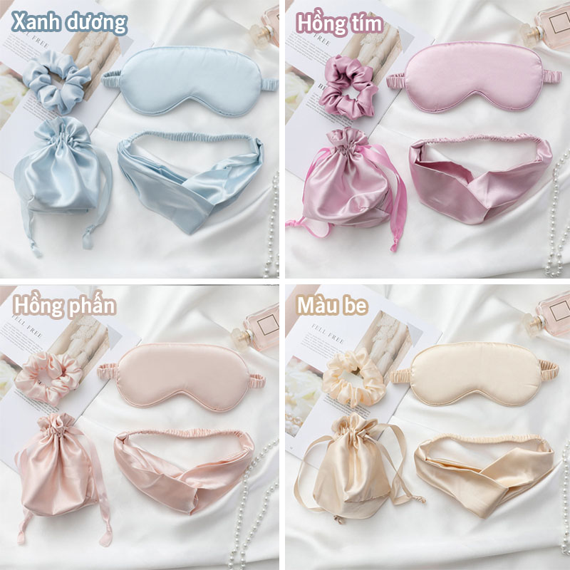 Set 4 món buộc tóc, bịt mắt, băng đô vải lụa cao cấp