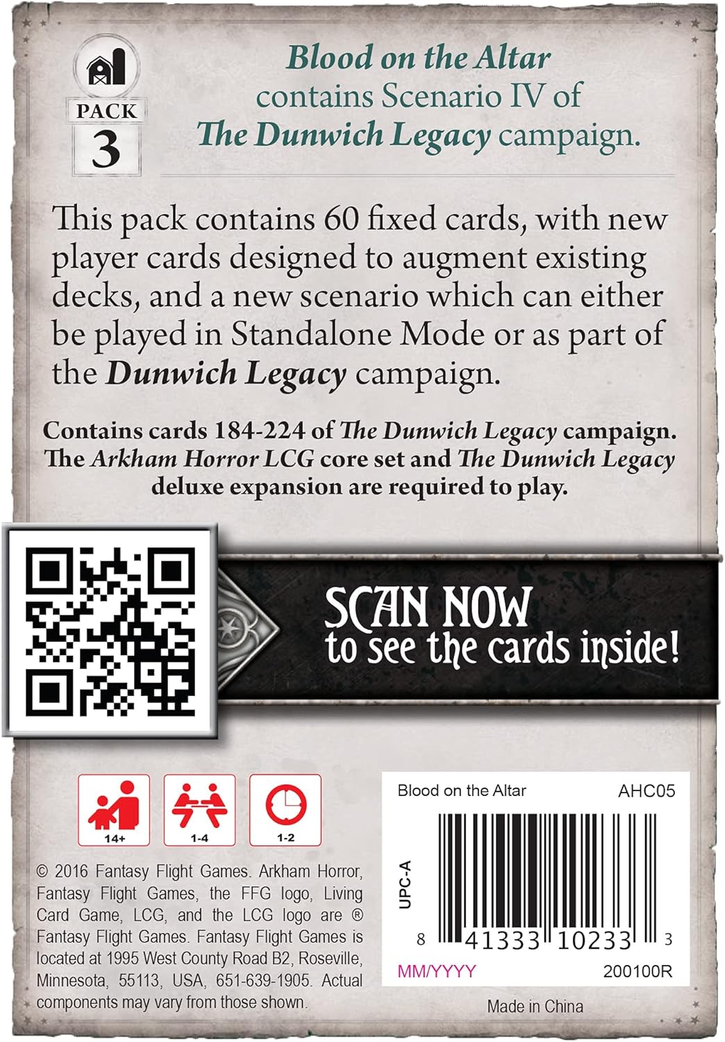 Fantasy Flight Games Arkham Horror The Card Game Blood on the Altar MYTHOS PACK - Unearth the Secrets of Dunwich! Cooperative Living Card Game, Ages 14+, 1-4 Players, 1-2 Hour Playtime