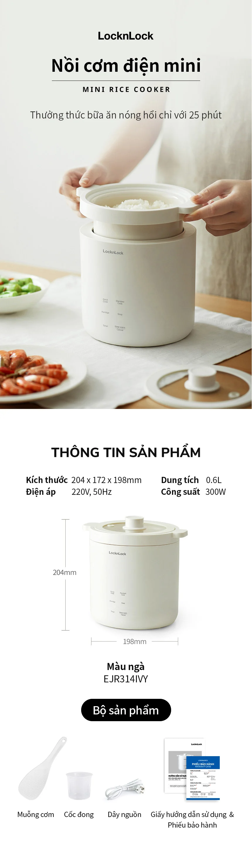 EJR314IVY - Nồi cơm điện mini LocknLock Mini rice cooker 220V, 50Hz, 300W, 0.6L - Màu ngà
