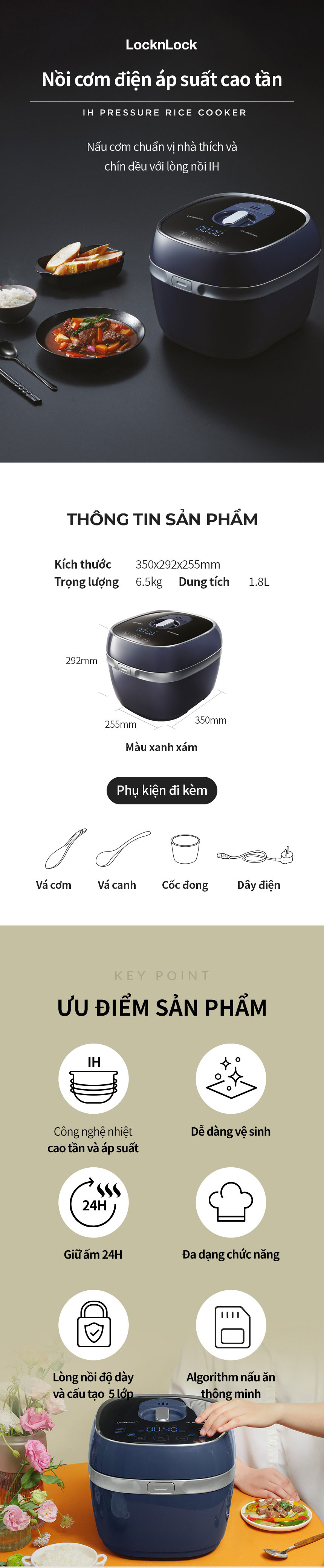 Nồi cơm điện cao tần áp suất LocknLock EJR526GRY 1.8L