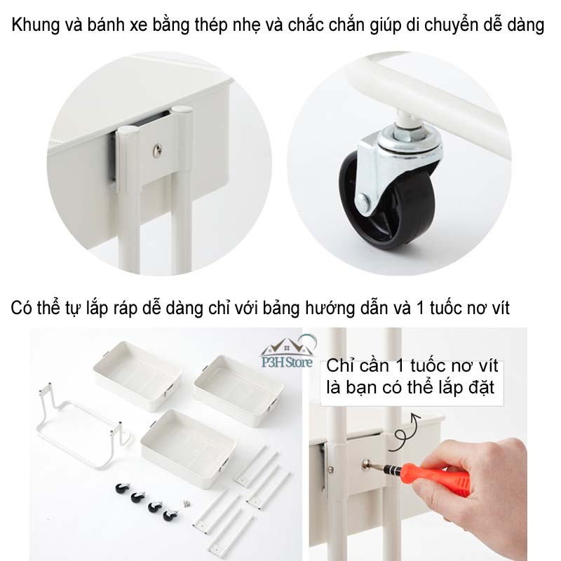 INP737-Kệ đẩy 3 tầng đa năng Lock&Lock bằng thép không gỉ có bánh xe