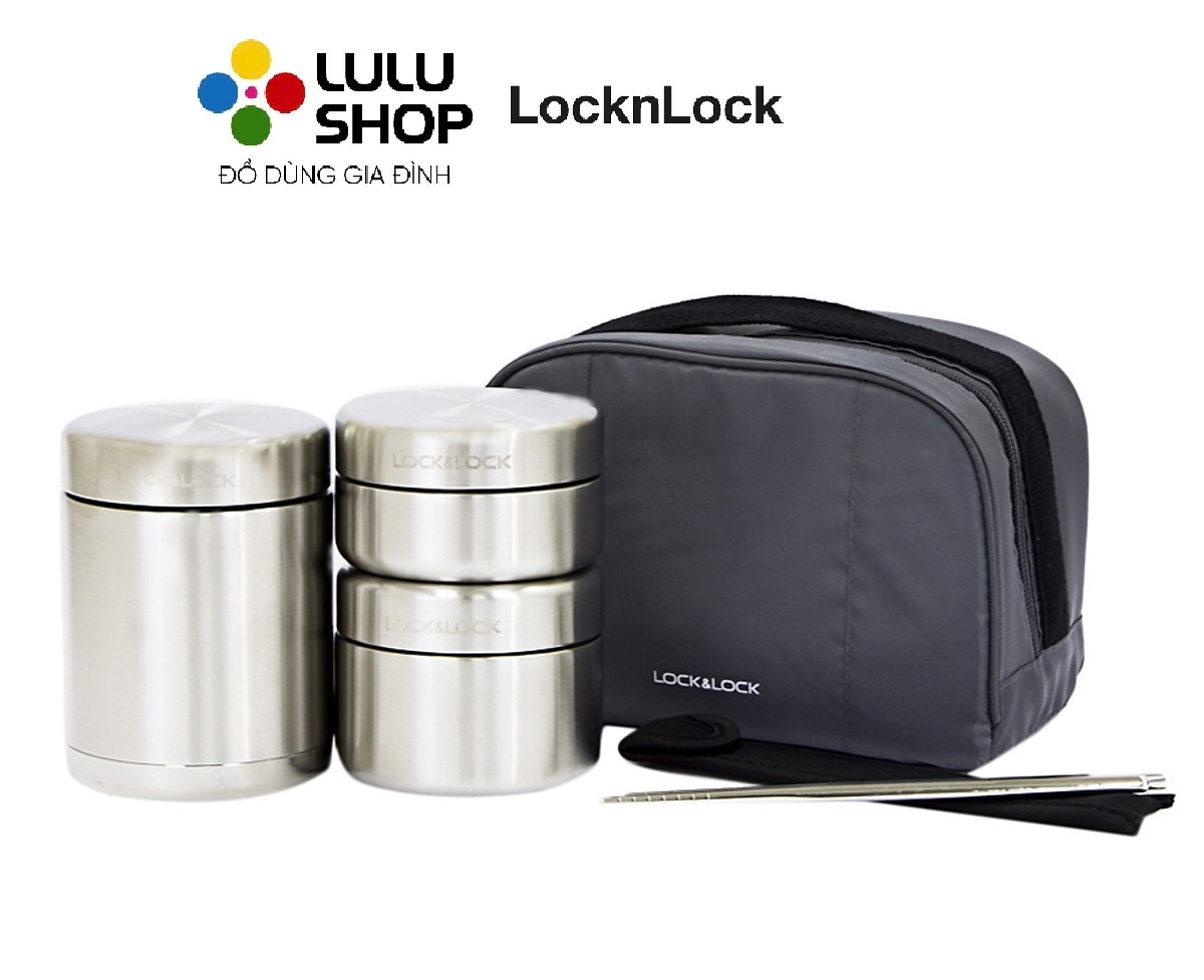 LHC8016 - Bộ hộp cơm giữ nhiệt Lunch Box 1150ml - Hộp giữ nhiệt 450ml*1, hộp inox 280ml*1 / 420ml*1, Đũa*1 đôi, túi đựng đũa, túi đựng bộ hộp cơm