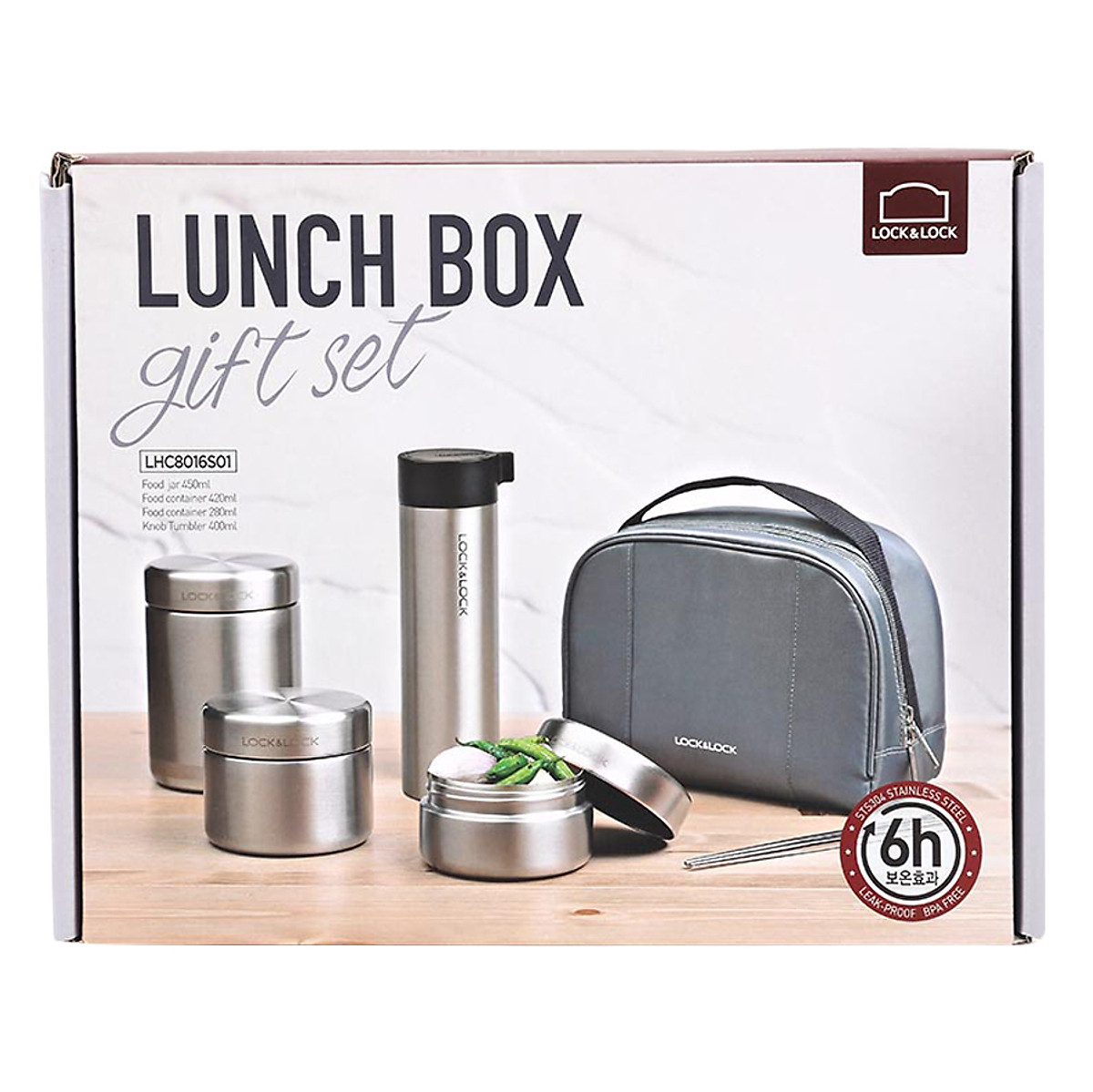 LHC8016S01-Bộ hộp cơm giữ nhiệt(450ml, 420ml,280ml) + bình giữ nhiệt (400ml) L&L bằng thép không gỉ