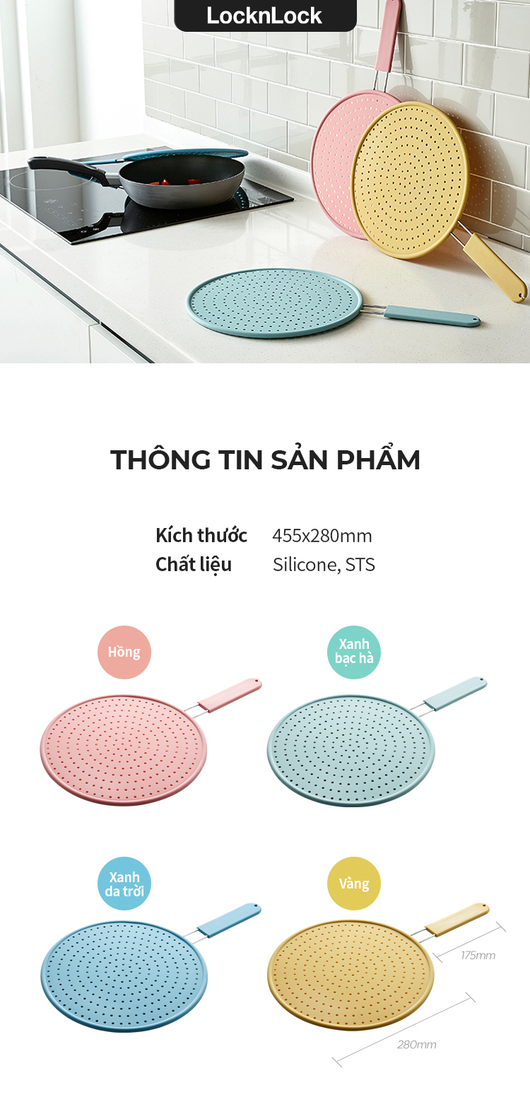 CKT206PIK-Nắp chống văng dầu mở 28cm-Màu hồng