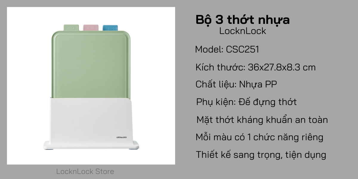 CSC251-Bộ thớt kháng khuẩn Index-Thớt 3P+Giá đỡ thớt-Color box-PP-VN-5