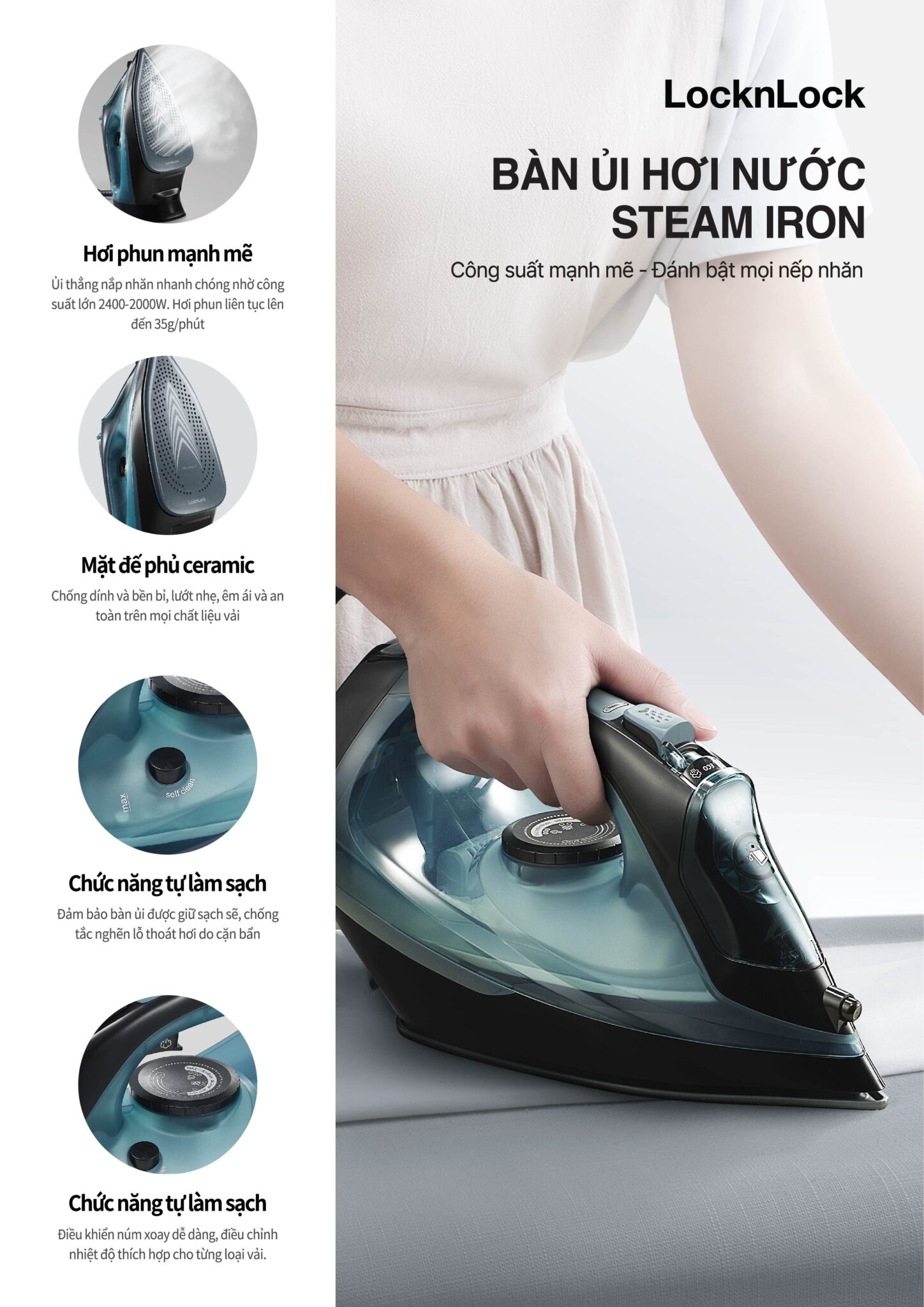 ENI352GRN - Bàn ủi hơi nước LocknLock Steam iron 220-240V, 50/60Hz, 2000-2400W, 300ml - Màu xanh lá