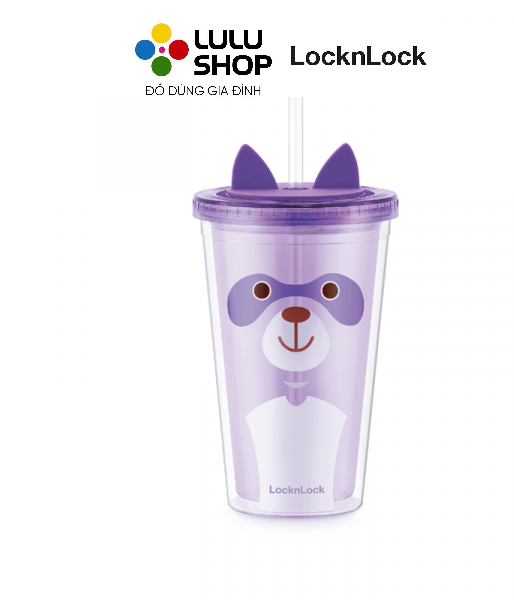 HAP512GRP - Ly nhựa 2 lớp LocknLock Animal 520ml in hình gấu trúc - Màu tím thẫm