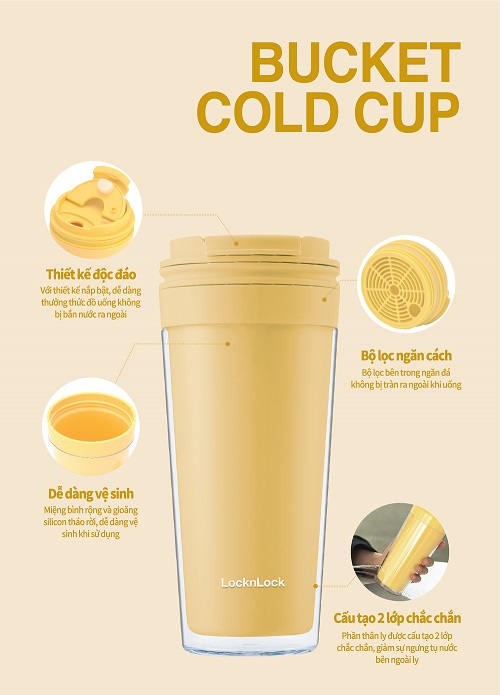 HAP519YEL - Ly nhựa 2 lớp LocknLock Bucket Cold Cup 580ml - Màu vàng