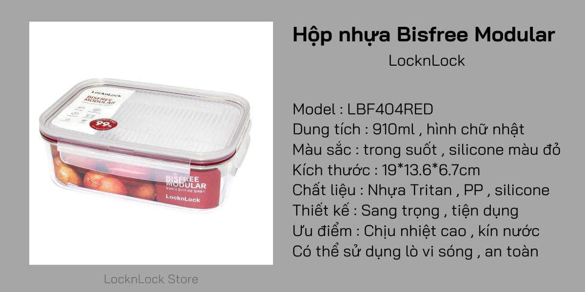 LBF404RED - Hộp bảo quản thực phẩm nhựa Bisfree Modular-LOCK&LOCK-910ml-trong suốt- Silicone màu đỏ