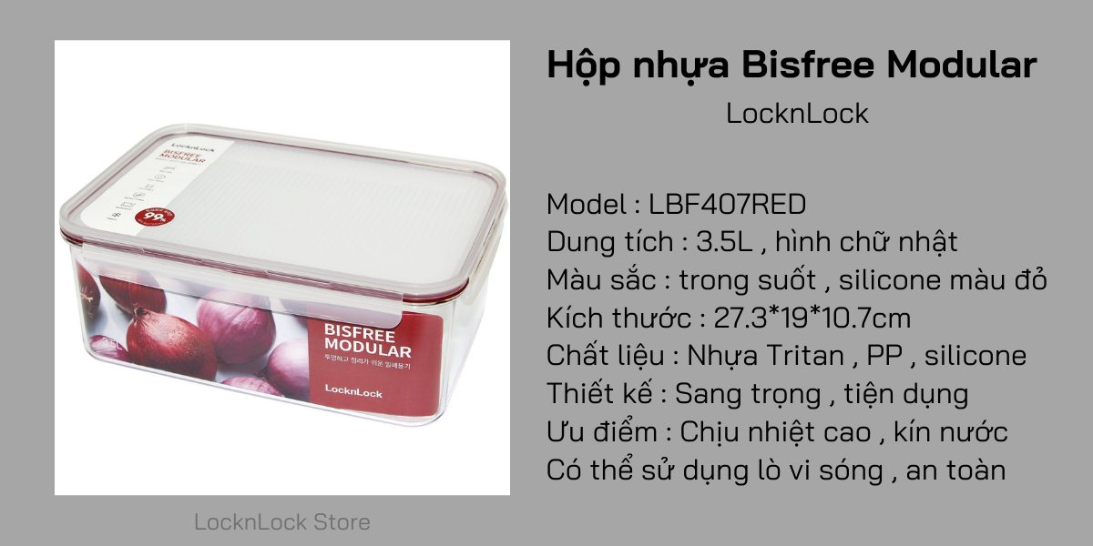 LBF407RED-Hộp bảo quản thực phẩm nhựa Bisfree Modular-LOCK&LOCK-3.5L-trong suốt- Silicone màu đỏ